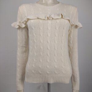 Polo Ralph Lauren ivory off-white ruffled cable knit wool cashmere sweater Small